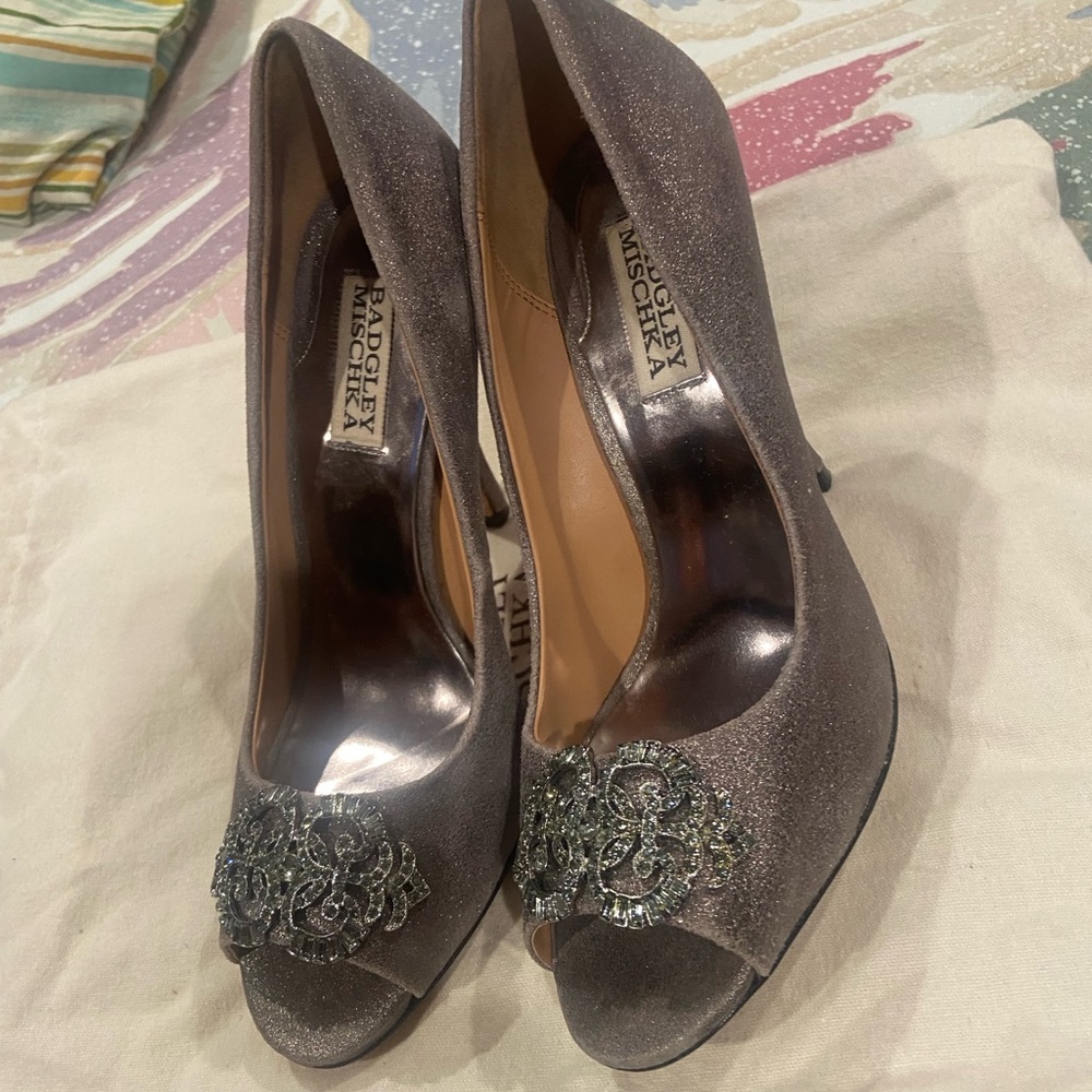 Badgley Mischka Silver Peep-Toe Heels with Embellishments